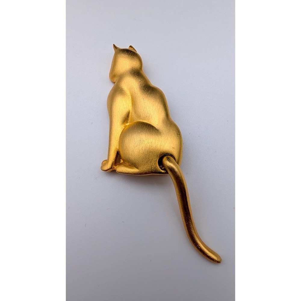 JJ Jonette Jewelry Vintage Gold Tone Articulated Tail Cat Brooch Pin Modernist